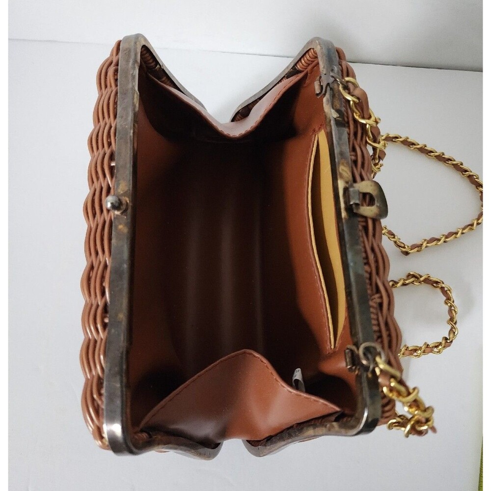 Vintage Tandem Faux Straw Bag Crossbody Purse Chain Strap Brown Gold Retro - Picture 15 of 16